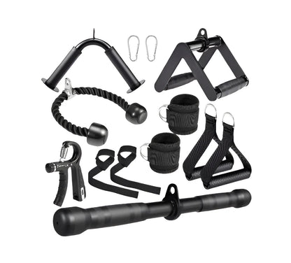 10-In-1 Cable Machine Attachments Set for Gym - Includes Tricep Rope, V-Bar, Straight Bar, D-Handle, Ankle/Wrist Straps, Storage Bag - Compatible with LAT Pulldown & Home Gym Cable Machines