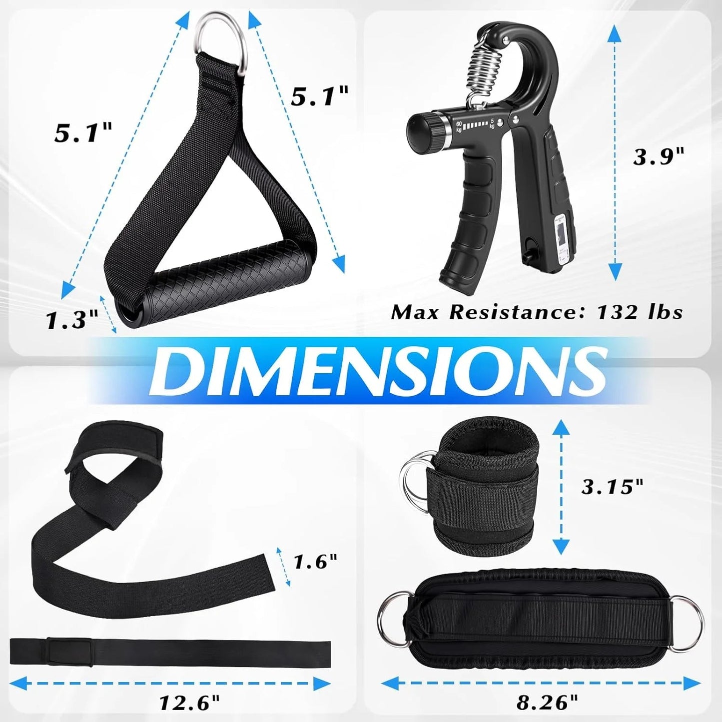 10-In-1 Cable Machine Attachments Set for Gym - Includes Tricep Rope, V-Bar, Straight Bar, D-Handle, Ankle/Wrist Straps, Storage Bag - Compatible with LAT Pulldown & Home Gym Cable Machines